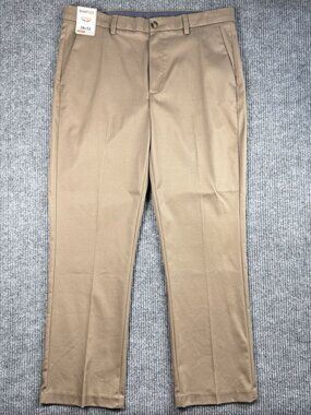 Roundtree & Yorke Total Flex Pants Men’s 38x32 Tan Khaki Classic Fit Flat Front